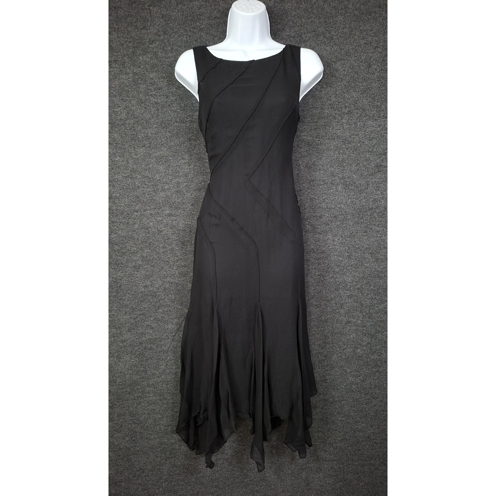 Vintage 90s Y2K Anne Klein 100% Silk Black Midi Dress Sz 6 Paneled Fairy Grunge